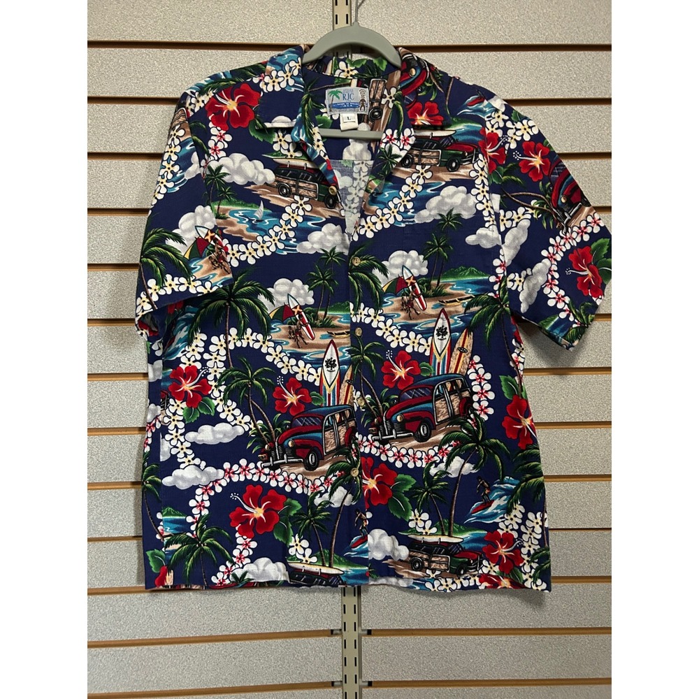 RJC Ltd Mens Hawaiian Shirt Large Blue Woodie Car Surfboard Made in USA Aloha
